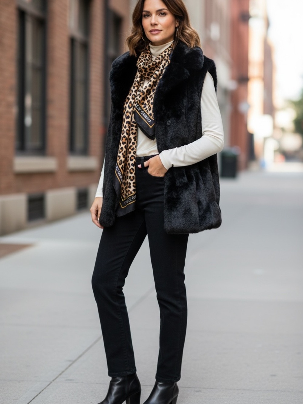 Surell Black plush Faux Fur Vest oversized collar zip front - m/l